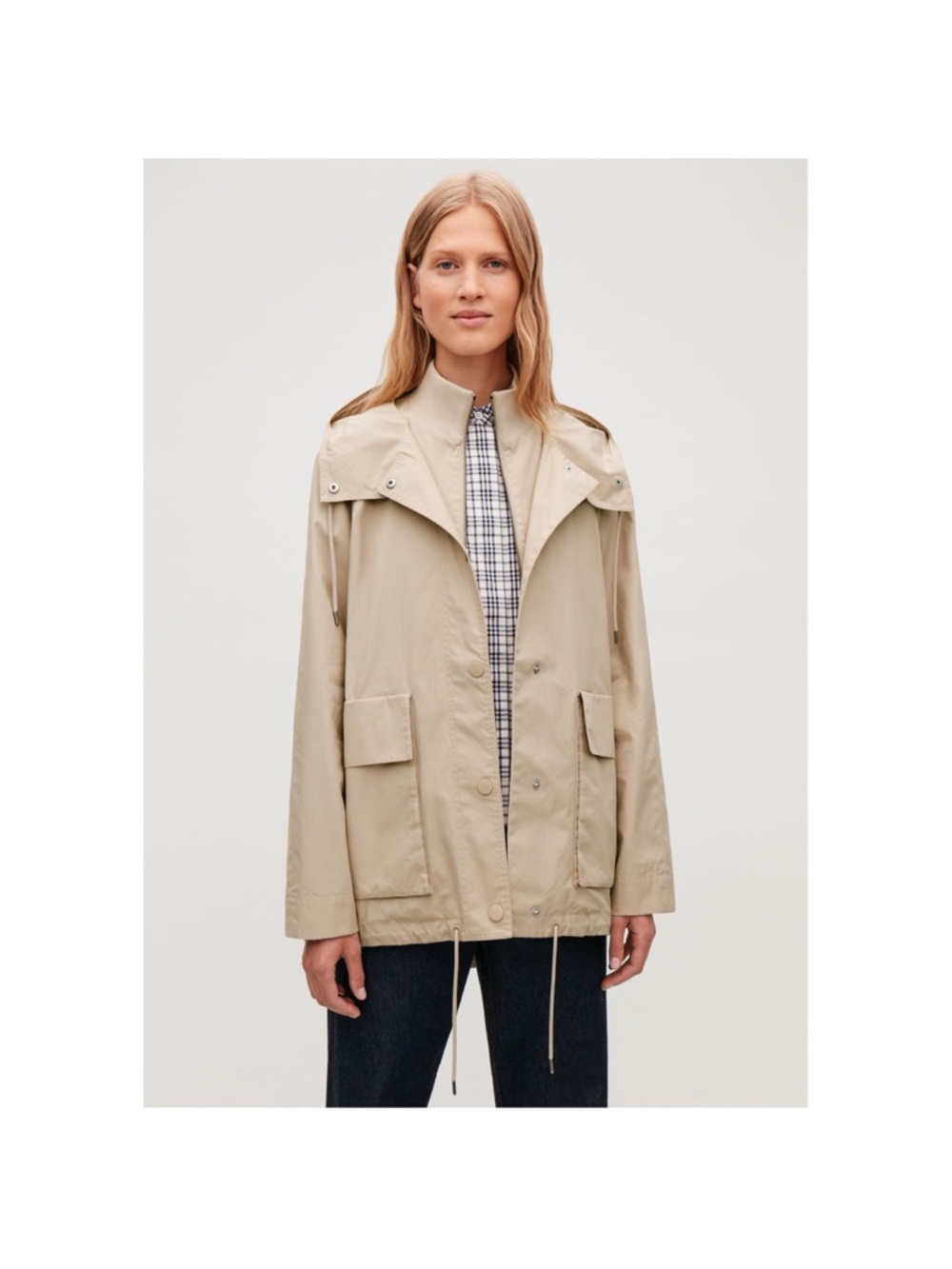 COS layered cotton parka with hood in oatmeal color with two pockets